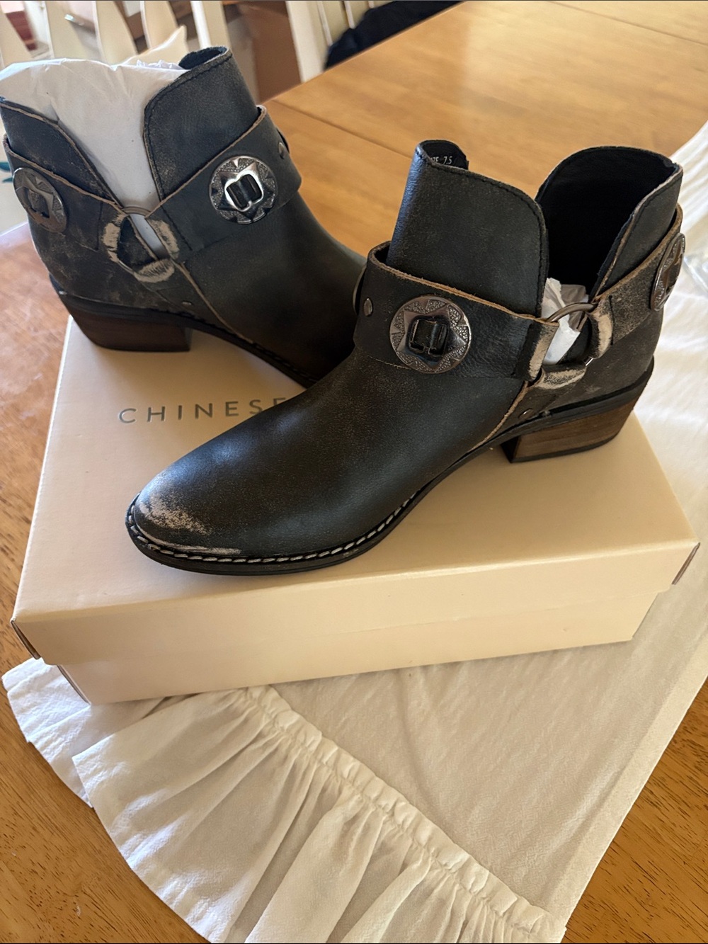 Chinese Laundry Black Distressed Western Ankle Booties with Concho Strap